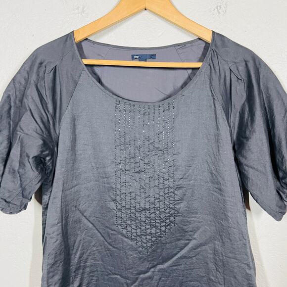 Gap Scoop Neck Tunic Beaded Front Poof Sleeve Casual Top Blouse Charcoal - S - Picture 2 of 5